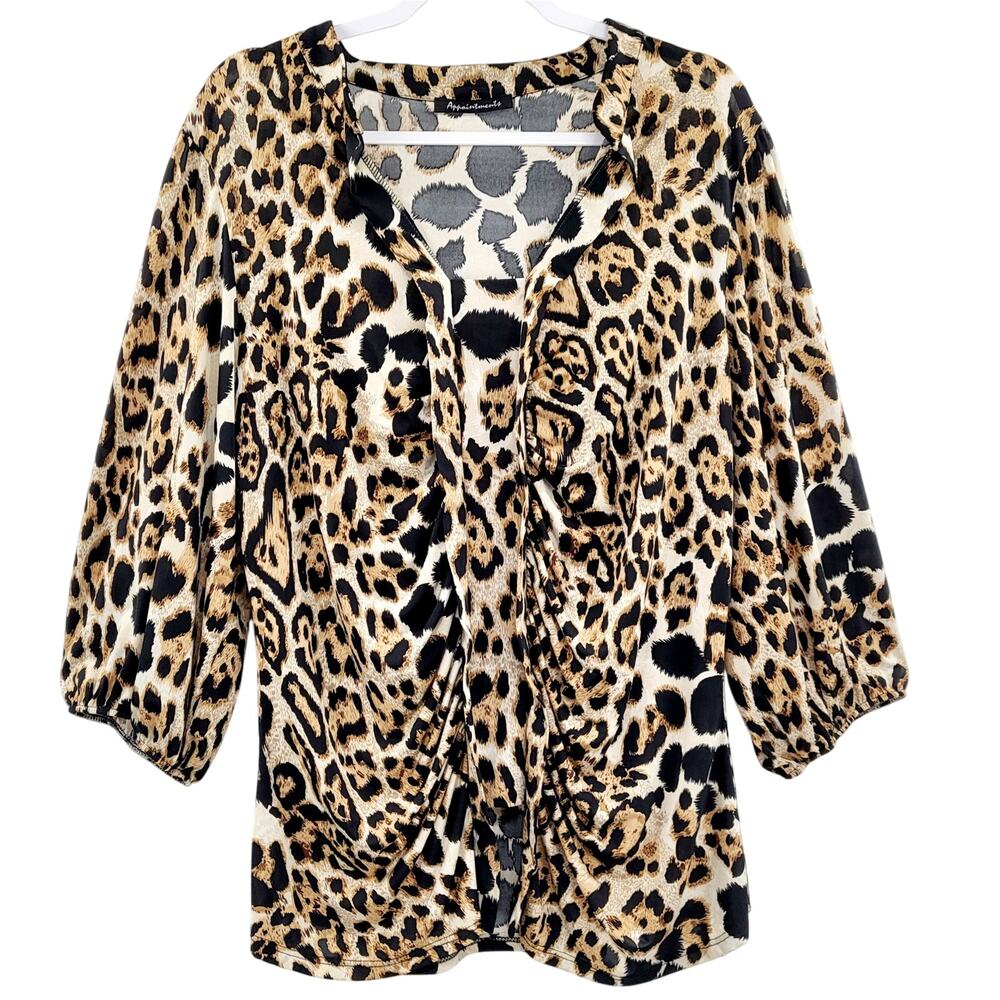 Appointments Leopard Print Loose Long Sleeve V-Neck Blouse Top Women's Size XL